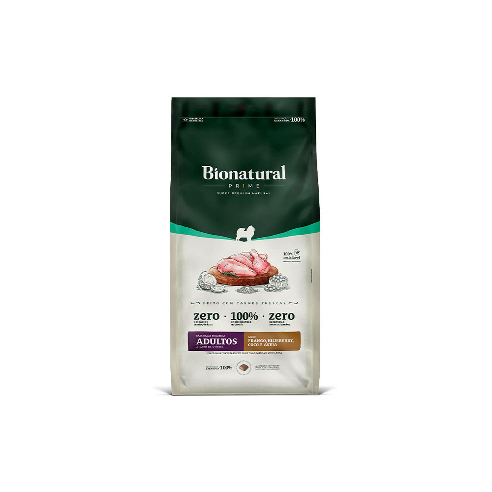 Ração Bionatural Prime 10kg Cães Adultos Porte Pequeno FRANGO, BLUEBERRY, COCO E AVEIA 10kg