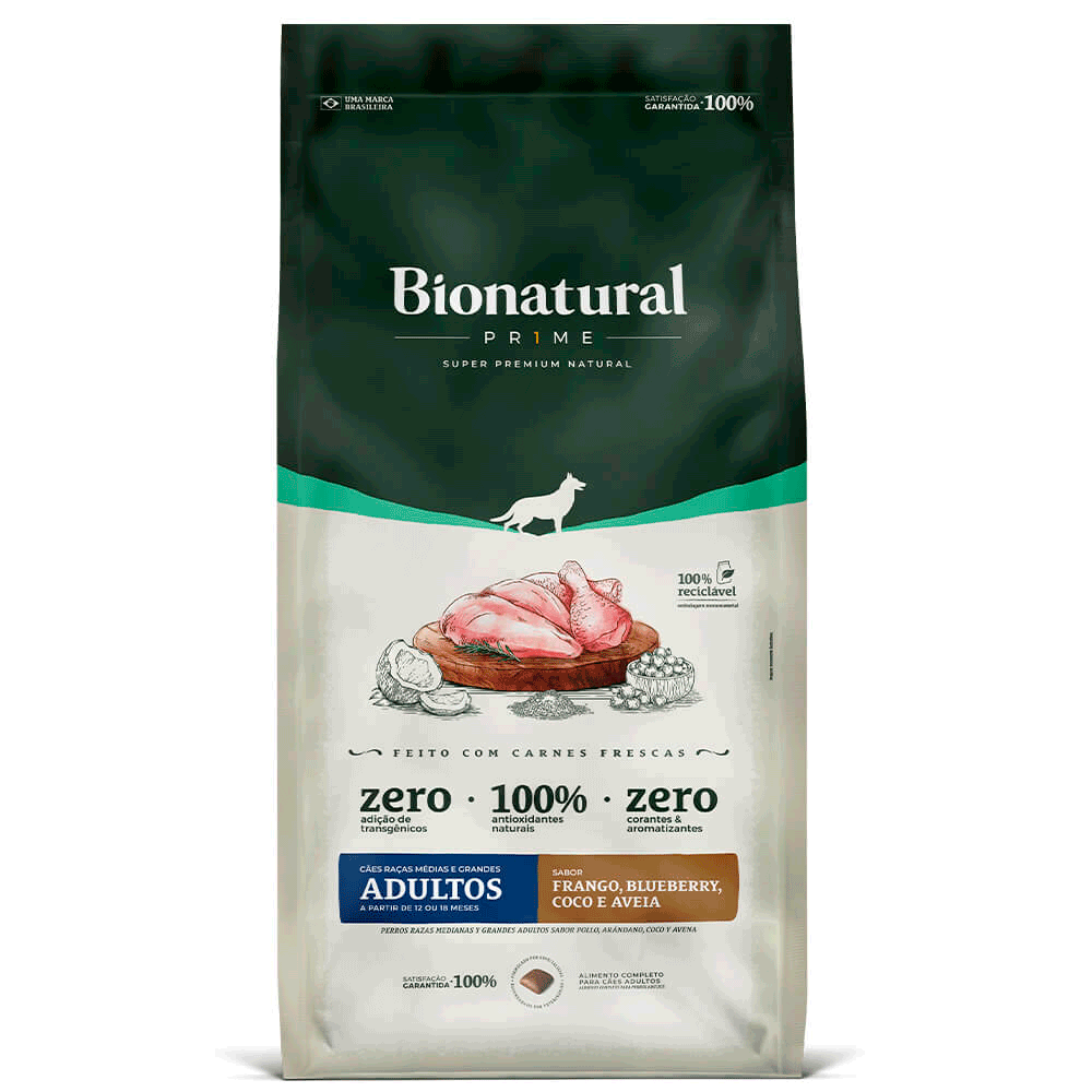 Ração Bionatural Prime 15kg Cães Adultos Porte Médio e Grande FRANGO, BLUEBERRY, COCO E AVEIA 15kg