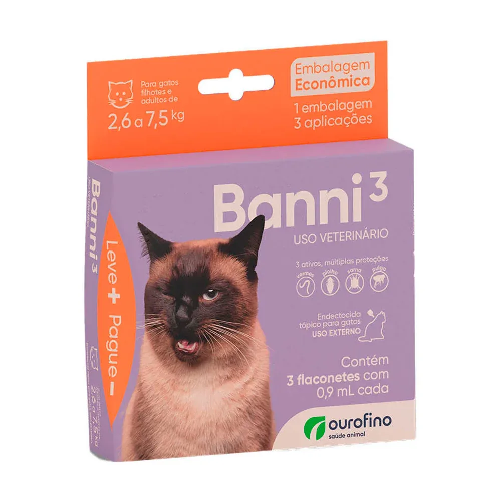Antiparasitário Banni3 Para Gatos 2,6 a 7,5kg Contém 3 Flaconetes com 0,9ml Cada 0,9ml